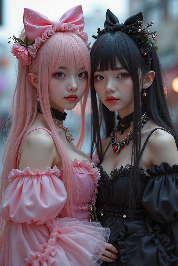 Twin princesses that one is evil with a dark outfit that wears a crown and the other that wears pink in her clothes but that both are sexy and pretty