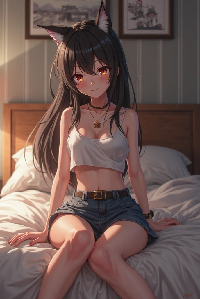 nsfw、clear eyes、8k、Top image quality、Masterpiece、perfect anatomia、ar old、camisole,(denim hot pants:1.3)、Focus on the thighs、、、gals、12yeld、(Black Thigh Socks:1.3)、(high ponytail:1.3)、,((necklace, colorful bracelet, X hair ornament):1.2),、、(red blush:1.3)、