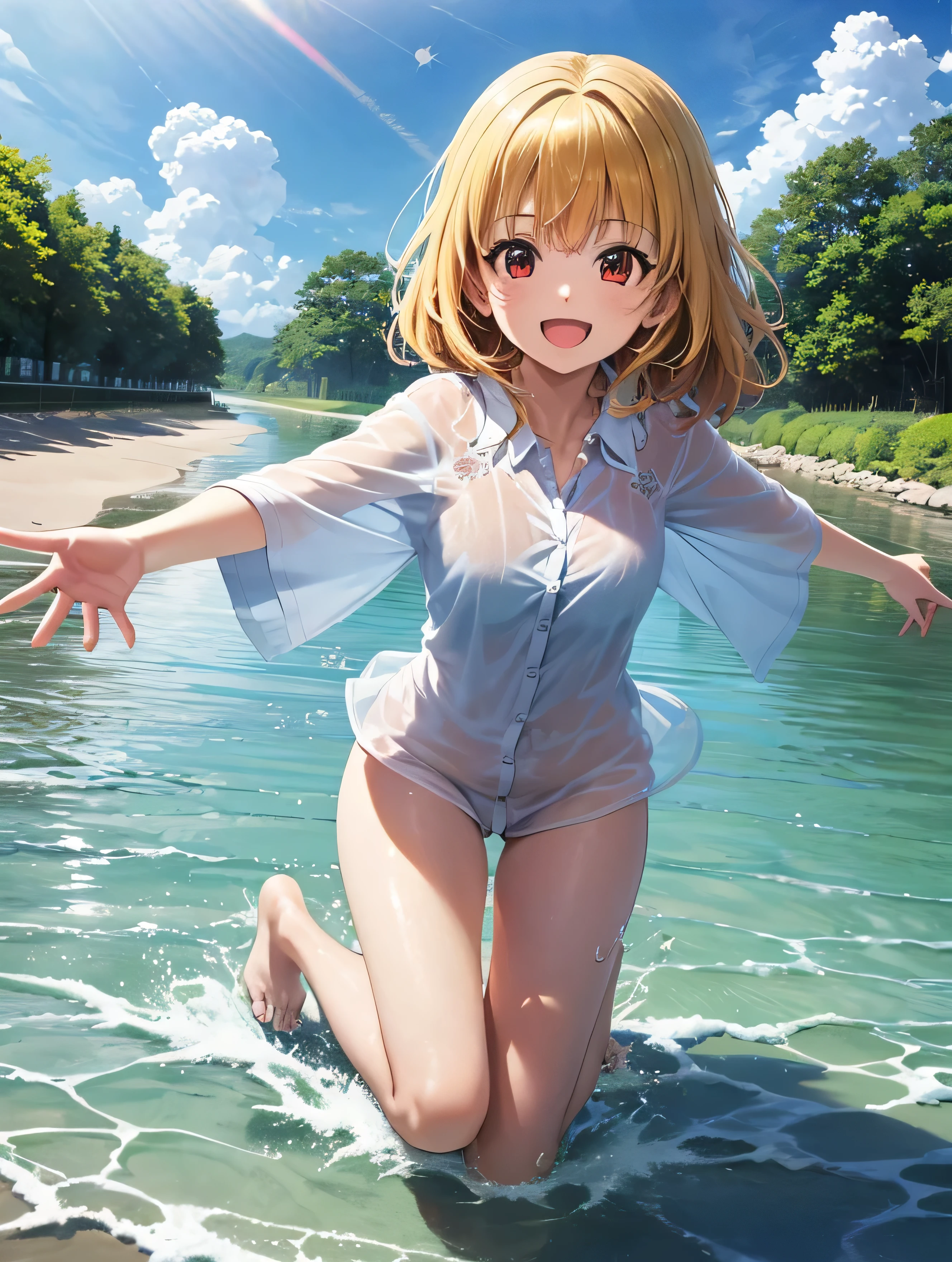 (official art、highest quality、Unity 8k wallpaper、32K、masterpiece、Super detailed、超A high resolution、realistic、Photoreal:1.2)、(natural soft light:1.2)、fire glow effect、film grain、best shadow、rim lighting、side light、side shot、(Highly detailed and complex 3D rendering)、Detailed beautiful face and eyes、sharp pupils、Real students、whole body, sandy beach、beautiful face、blurred background、beautiful girl、shiny skin、Beautiful wet black hair、I pulled up my wet shirt(See-through wet shirt)、pink miniskirt with wet pink checks、(thighs thighs:0.9)、barefoot、curve、dynamic pose、smile with open mouth、(beautiful breasts:0.9)、I can see white pants、(see through nipples)、((On the beach on Oahu in midsummer))、((flat chest))、((spread your legs:1.2))((face up on the floor))、((brown tanned skin:1.3))