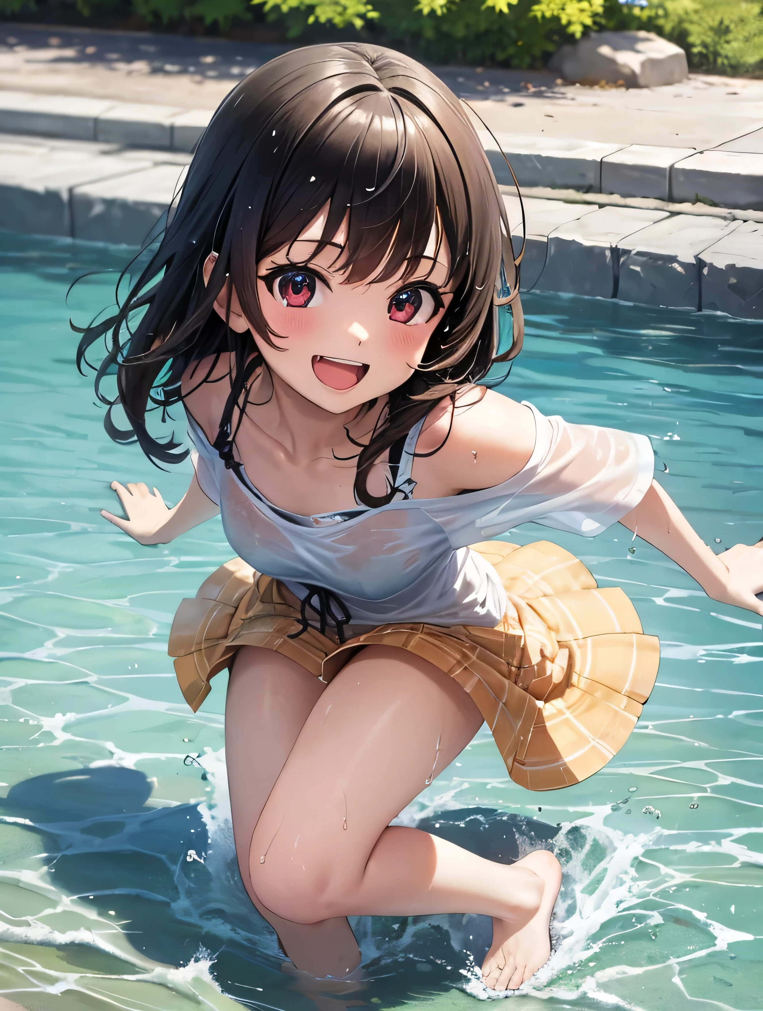 kawaii, anime, Cute, hyper quality, highly detailed, 8k, Clarity, Draw facial expressions in detail, Girl with long dark brown hair and green eyes, swimsuit, whole body, Dynamic feeling, A young girl with short pink hair and scarlet eyes., play together, smile, water play, highlight on eyes, 	