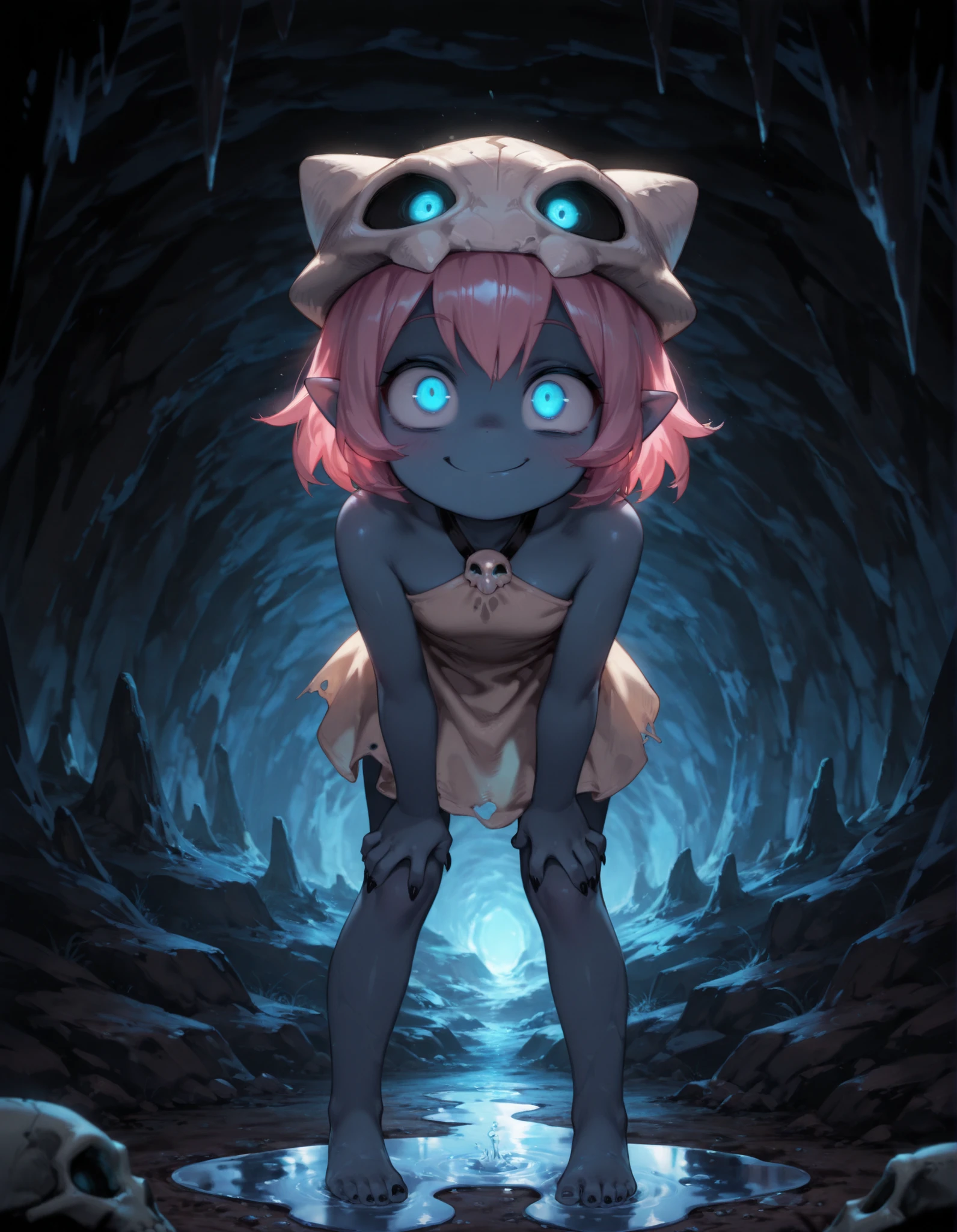 masterpiece, best quality, very aesthetic, 1girl, CWITS, Coqueline, blue skin, pink hair, blue eyes, skull hat, pointy ears, short beige dress, sleeveless, bare shoulders, halterneck, (on all four), leaning forward, smirk, closed mouth, crazy eyes, cave, inside cave, water puddle, glowing eyes, slit pupil, black claws, barefoot, 