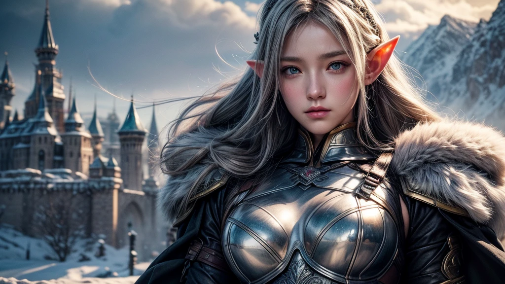 Close-up of woman holding sword and armor, Armor Girl, 2. 5D CGI anime fantasy artwork, Large Breasts,Epic fantasy digital art style, detailed Digital 2D fantasy art, Digital 2D fantasy art, original photo, (best quality:1.3), high resolution, (masterpiece), (lifelike:1.4), Professional photography, Clear focus, High Dynamic Range, 8k resolution, Intricate details, Fine details, Depth of Field, Extremely detailed CG unified 8k wallpaper, masterpiece,poster,best quality,Official Art,(Beauty and aesthetics:1.2),(masterpiece:1.3),Female Elf,individual,Light Leather Armor,complex pattern,snow,futuristic city,Medium distance photography,(early morning),dramatic,giant mechanical wings,