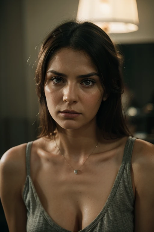 8k, top quality, masterpiece:1.2), (realistic, photo-realistic:1.37), top quality, masterpiece, beautiful young woman, pensive facial expression, thoughtful look, elegantly dressed, hair tied back, messy mood, cinematic backdrop, tired, light skin tone, incestuous