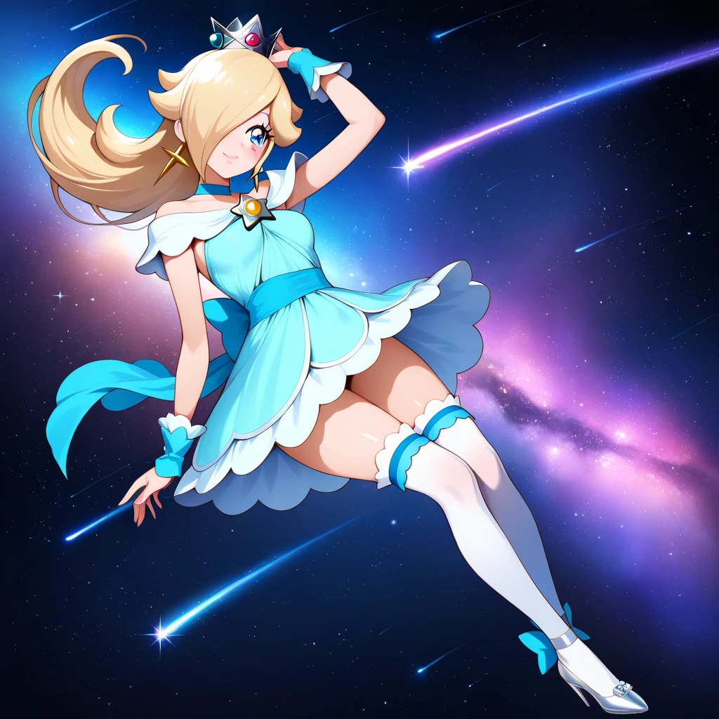 score_9, score_8_up, score_7_up, source_anime BREAK 1girl, <lora:laplace-nikke-richy-v1_pdxl:1> laplace, blonde hair, twintails, long hair, hair ornament, magical girl, standing, blue eyes, parted lips, starry sky, space, floating hair, thigh boots,