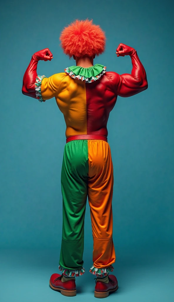(A muscular man:vivid colors,shirtless:1.1,Kirbywood style,vintage color (clown,scary,evil smile,wide eyes,toys,macabre background,various colors,8k qualities,cinematic focus,horror)