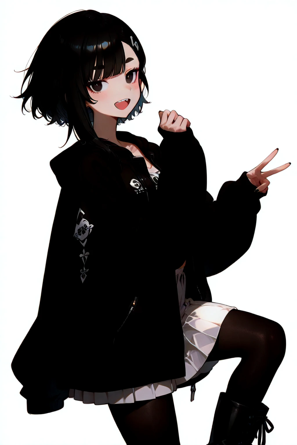 (well done: 1) Woman, long straight black hair, yellow eyes, black choker, loose white long-sleeved t-shirt, black fingerless gloves, black pants with some chains around them, black boots.