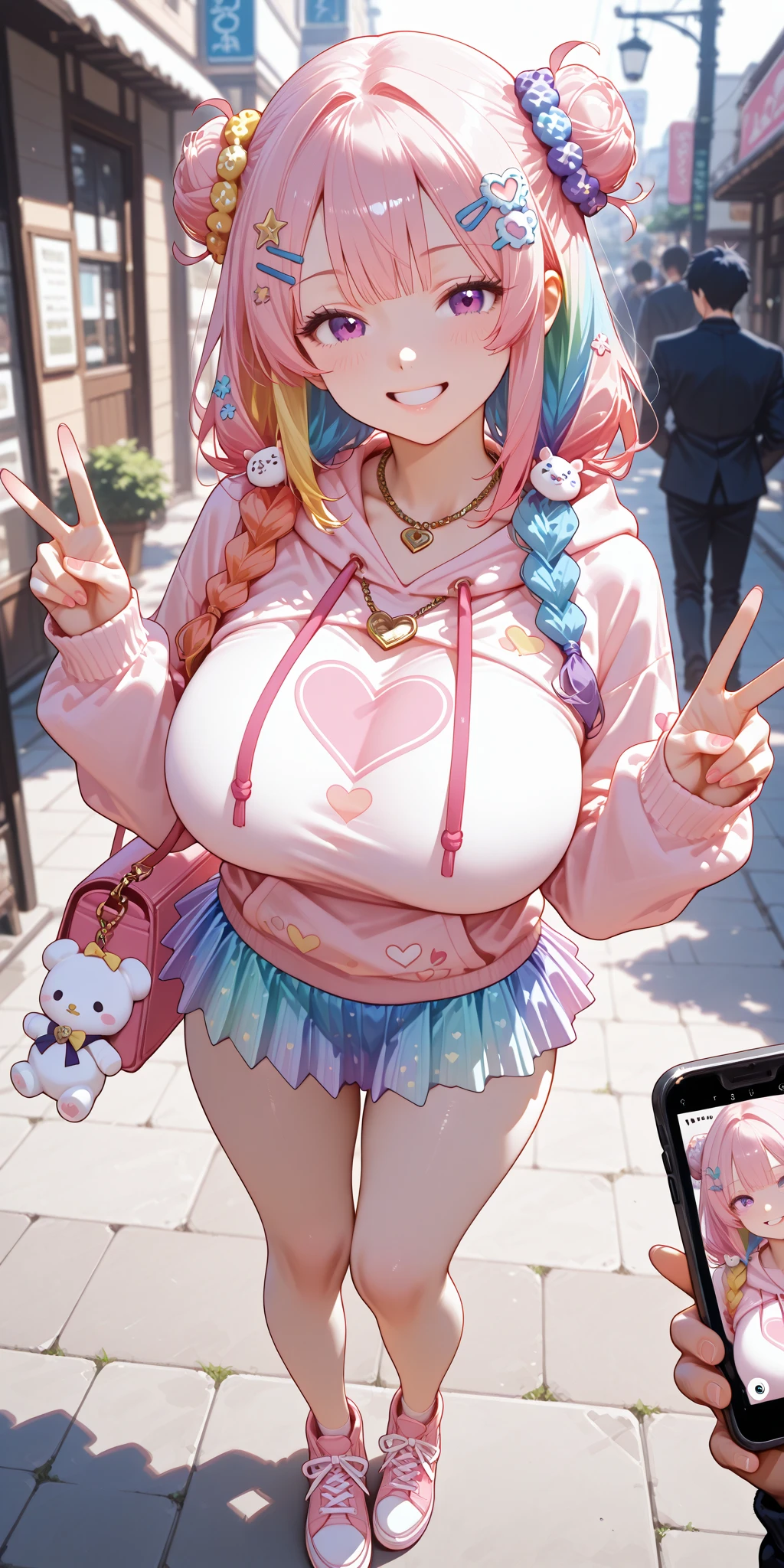 woman, light blue tie-dye hoodie, huge breasts, twintails, tight clothing, pastel colors, pastel theme, sweatpants, deep pink and blue hair, smile, teeth, makeup, eyelashes, winged eyeliner, pale skin, outdoors, flower field, freckles, bright colors, bangs, bright blue eyes, shirtlift, bikini