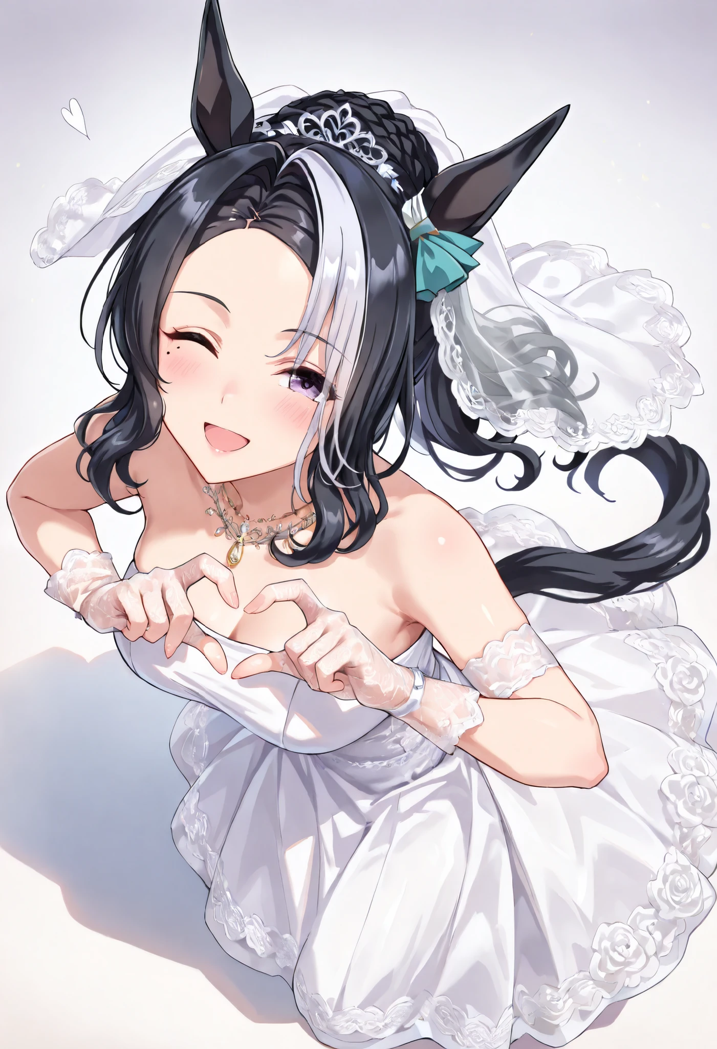 (masterpiece, best quality, perfect face:1.4), wide angle, full body, mejiro ramonu \(umamusume\), black hair, white hair, multicolored hair, ((long hair)), wavy hair, purple eyes, mole under eye, ear ornament, horse ears, horse tail, tail on the lower back, proportional body, proportional,1 girl, beautiful hair, beautiful face, beautiful detailed eyes, beautiful clavicle, beautiful body, beautiful chest, beautiful thigh, beautiful legs, beautiful fingers, looking at viewer, BREAK, beautiful bride wearing beautiful wedding dress, (bridal veil:1.5), (Transparent short veil:1.5), (tube top wedding dress:1.5), (Silk dress:1.2), (Strapless wedding dress:1.5), pure white dress, necklace, lipstick, (lace gloves:1.5), long white dress, BREAK, Leaning forward, look up, Tilt your head, (((Heart Hands))), BREAK, blush happy smile (open mouth), one eyed closed, textured skin, realistic skin, HDR, BREAK, good hands,