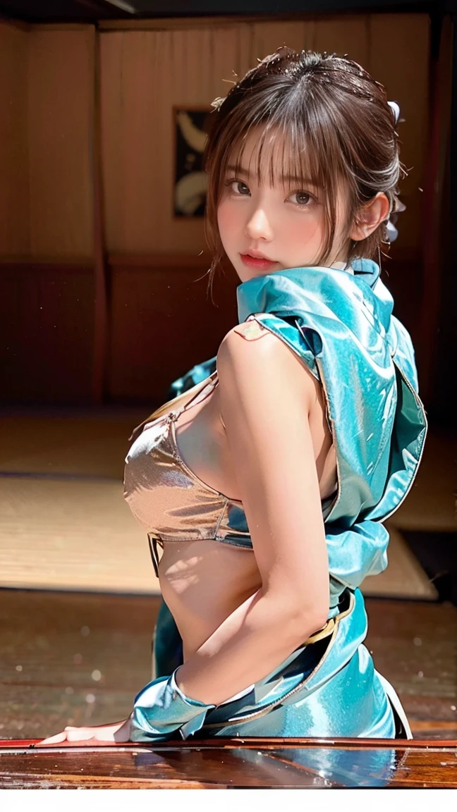 (((masterpiece))), 4k res, highly detailed, (((extremely detailed eyes))), detailed background, cinematic lighting, crystal clear eyes, high quality, highres, ultra-detailed, 8k, best quality, 1girl, solo, shadow, backlighting, light particles, smile,grey hair,long hair,hair ornament, blue eyes,braided ponytail,puffy sleeves,gold trim,gloves,bodysuit,large breasts,breast curtain, shoulder cutout,covered navel,hip vent,clothing cutout, tassel,(masterpiece:1.3), (the best quality:1.2), (super fine illustrations:1.2), (Masterpiece), high quality, high detail,(SOLO:1.4),((round image)), whole body, 1girl, (((shenhe,genshin impact))), smile, blush, closed mouth