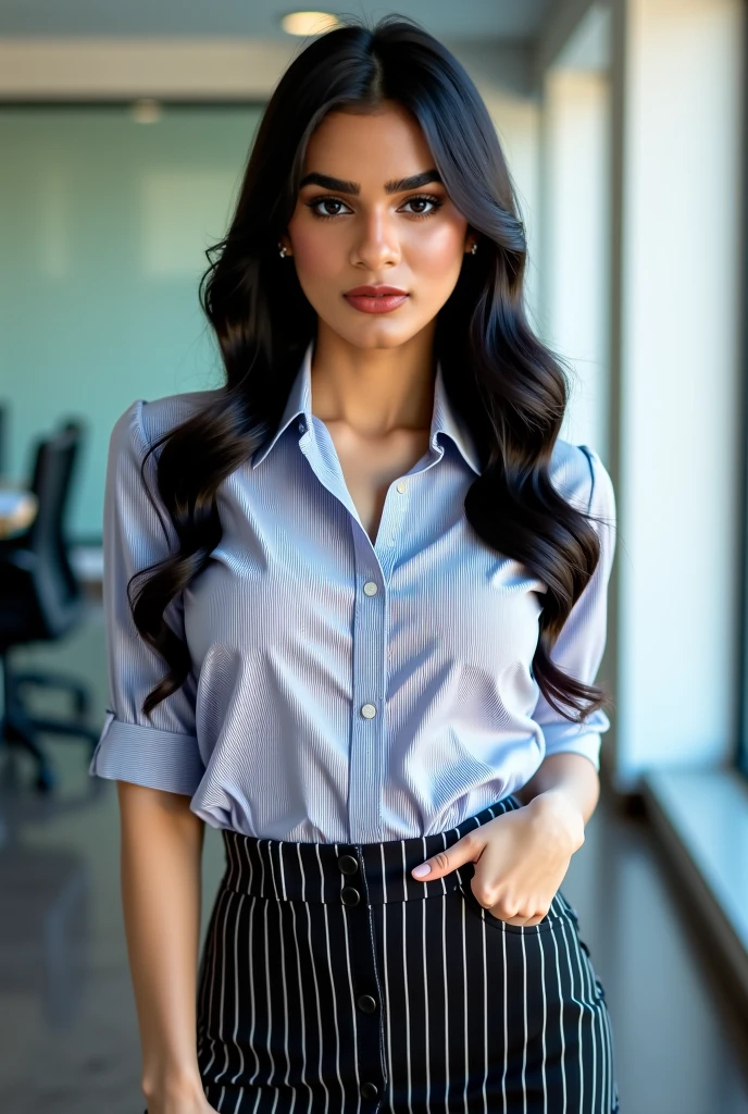 mulher jovem, bonita, camisa azul, black pant, de frente para o espectador, standingn, olhando para o espectador, in the background a building