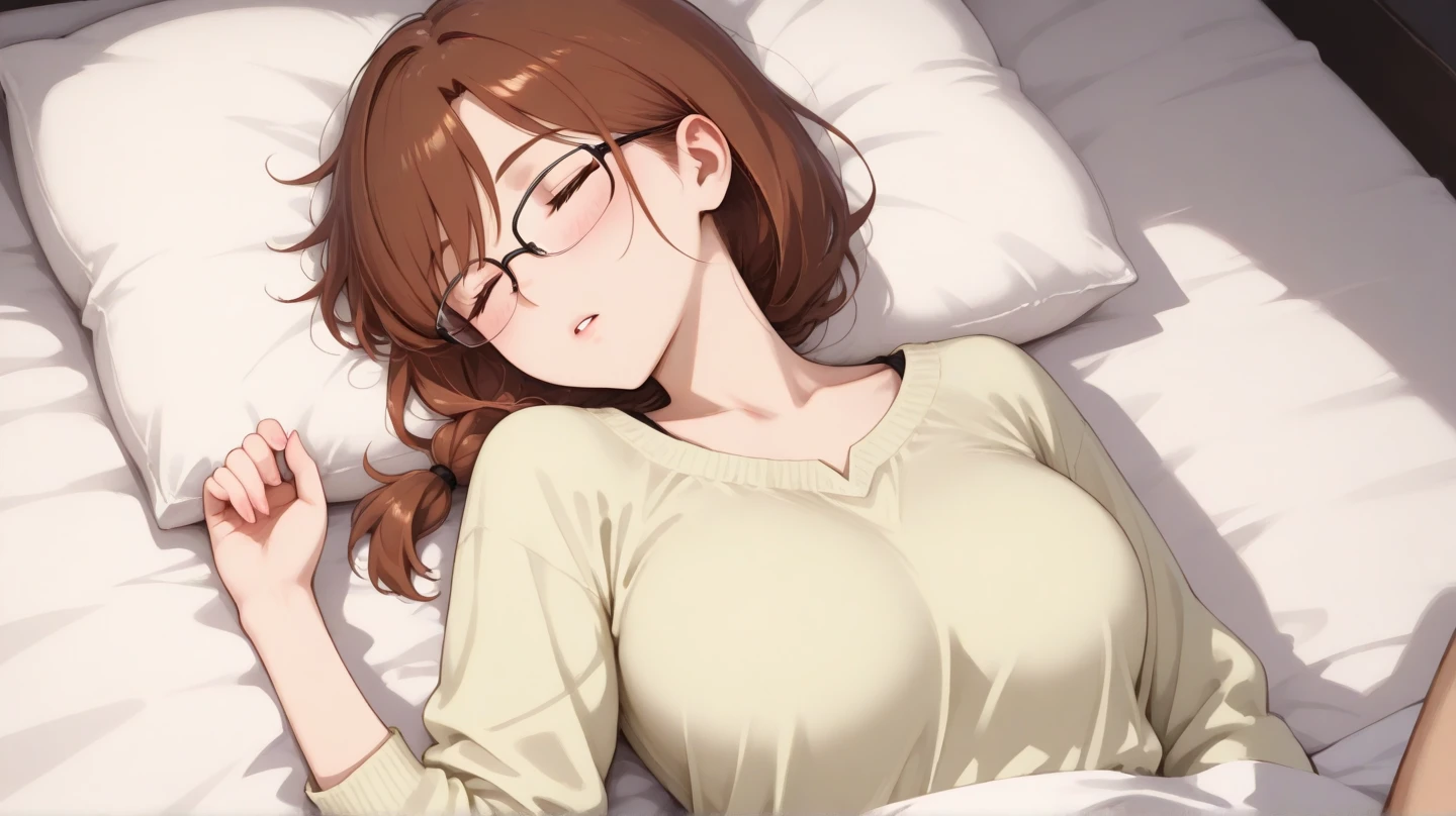 ultradetail、particles of light:0.5、slender、small breasts、Red Frame Glasses、beautiful blue eye、humiliated face、cleavage、white blouse、face with tongue out、lie in bed