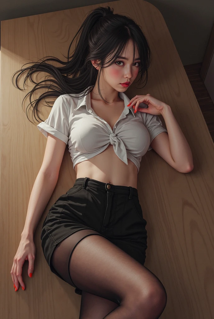 (full figure:1.1), 1 girl as yukino yukinoshita, absurdres, highres, solo, school uniform, big breasts, waist long black hair, (twintails:0.5), (pleated miniskirt:1.2), (black thighhigh socks:1.1), loose red ribbon, unbuttoned white shirt, (ahegao:1.2), (rolling eyes:1.2), (torn clothes:1.5), bare breastss, spread legs, (in a xrated set movie:1.5)