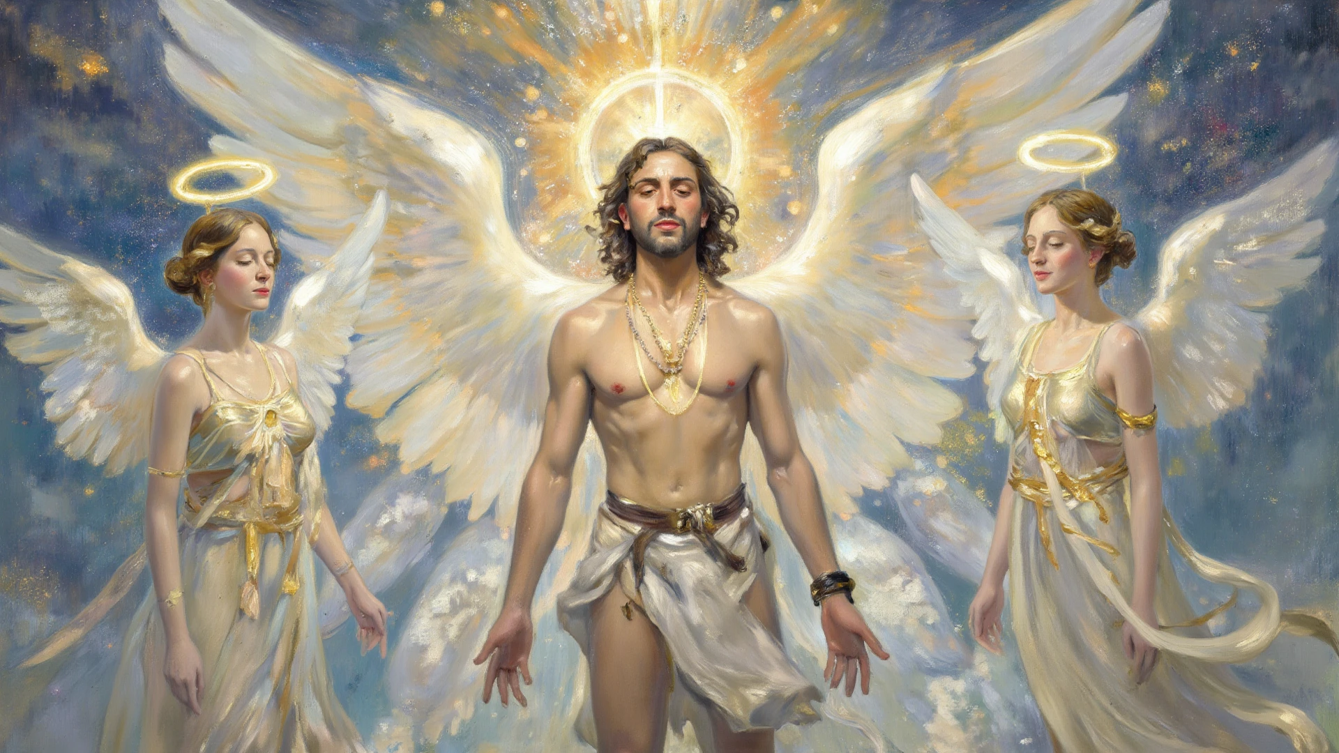 Jesus and the angel are flying in the sky above the clouds, Jesus Christ fights Lucifer, An angel protects the man, 2 angels, Angels protect a praying man, angel, Biblically accurate angels, Angels in heaven, Boarding, Biblical accurate angel, Epic biblical depiction, Flying angels, Beautiful photography, archangel, Jesus Christ, God's sunshine, Heavenly ecstasy --auto --s2