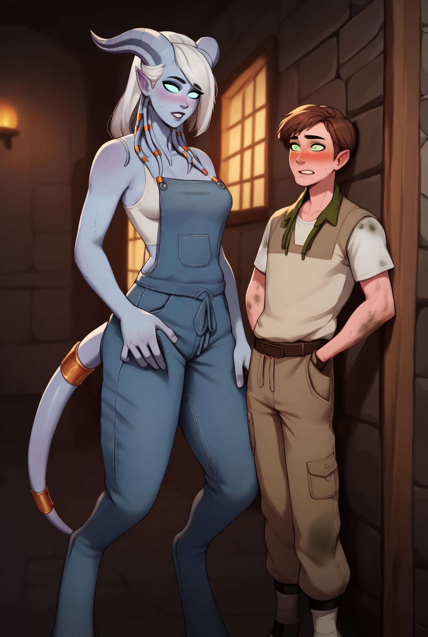 best quality, ((female Draenei)), (((medium breasts))), draenei, blushing, ((woman with blue skin)), freckles, ((Shaggy, unkempt white hair)), long thicc tail, ((very sweaty)), dungeon, ((green eyes)), (Brightly lit room), ((male human)), ((taller female)), ((size difference)) ((standing in fantasy market)), ((Safe for work)), (tied coveralls), dirty, grease spots, ((6' male)), ((7' female)) ((blue eyed male))