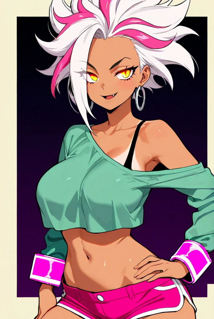 Score_9, score_8_up, score_7_up, score_6_up, gyaru, source_アニメ, 1girl, 独奏, white background, abstract rectangular background, honoka, gazing at viewer, very dark skin, cat Woman, white suit, malicious smile, Evil eyes, manikin doll.