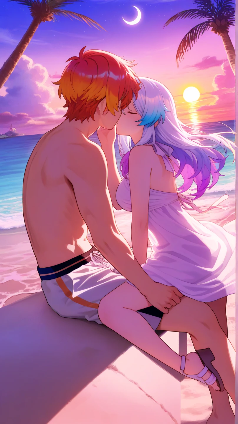 Masterpiece, anime, anime style, greatest anatomy, detailed anatomy, duo, two people, a boy and a girl.
a boy yellow hair, blue eyes, wear beach shirt, and white pants.
a girl light gray hair and eyes, black catgirl ears and pink inside, d cup tits size, wear black bra and panties and transparent shirt.
They standing at beach.