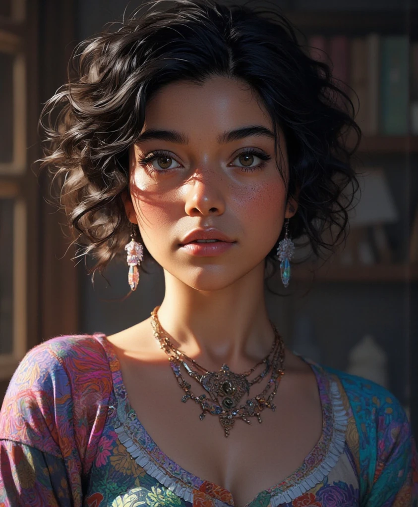 portrait of a Indian woman with curly hair styled in a messy bun, cute, matte photography, brown skin, soft lighting, ambient mood, stunning and clean photography, kodak film, leica, Dune aesthetics inspired, Metropolis inspired, Oleg Oprisco and Todd Hido --ar 5:8 --s 450 --v 5.2