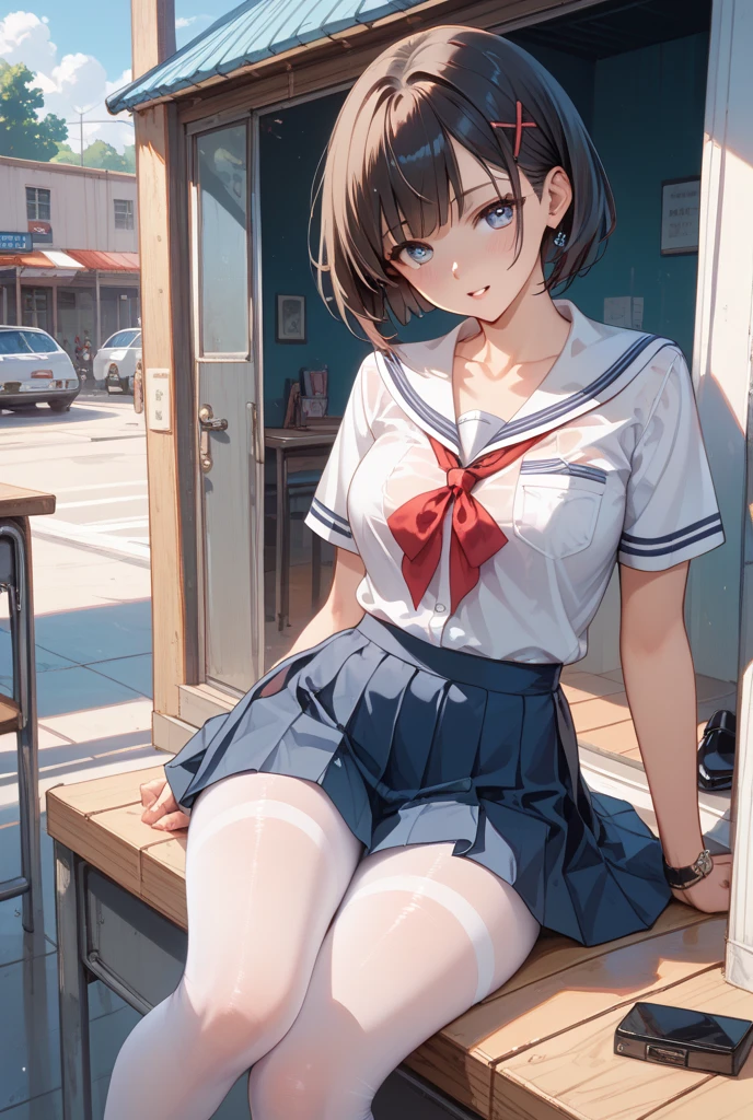(highest quality), Super detailed), (Ultra High Resolution 8K), High-definition facial beauty, ((Skirt Lift)), A plain girl with glasses, (Big Breasts), (Looking up), Detailed sailor suit, Showing panties , (Blushing, Embarrassing), Very hot day, Shade, ((, Sit down)), Panties that are damp, Makoto Shinkai Cyril Rolando