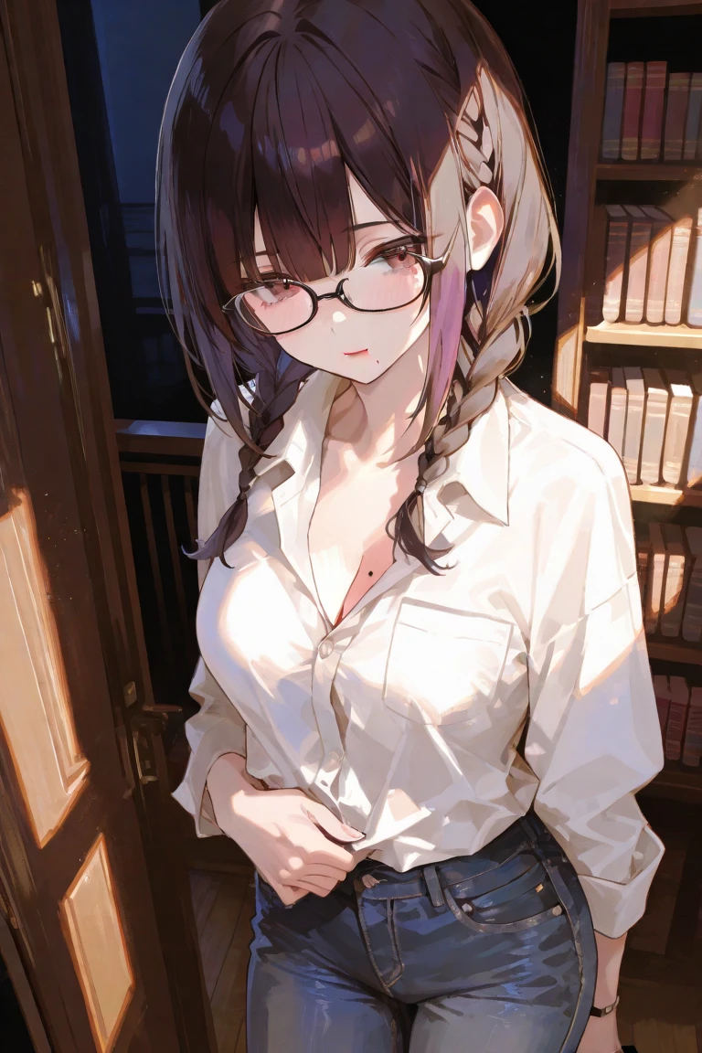 1 female、brown haired(Curta)、Brown eyes、Black-rimmed glasses、Best Quality、ultra-detailliert、8K resolution、Raw photo、masutepiece、seductive boobs、gorgeous faces、Perfect body、a smile、atlibrary、Reading