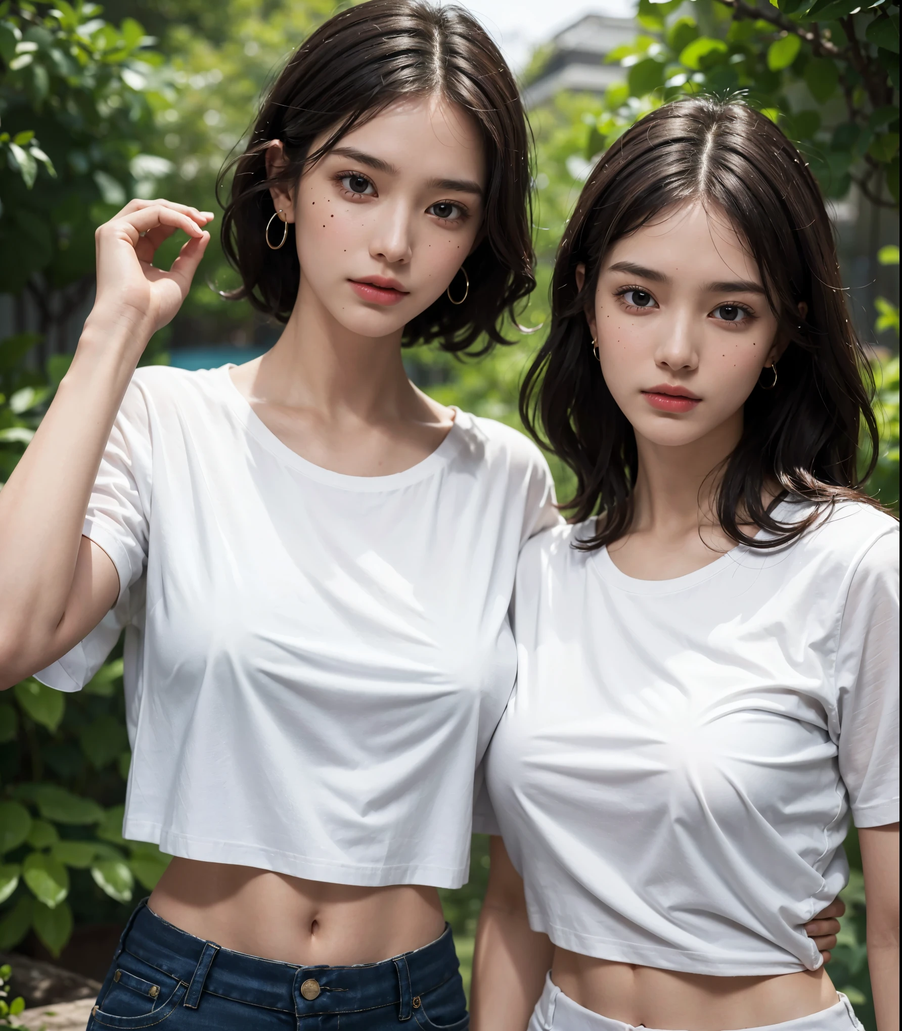 absurdres, RAW photo, extremely delicate and beautiful, masterpiece, Best Quality, ultra high resolution, 32k, hyperrealistic, ultra-detailed, perfect anatomy, super Detailed skin, perfect figure, Super Beauty, Perfect Style, Perfect balance, Beautiful Lighting, Perfect Lightning, Realistic Shadows, 20 years old, very Slim body, narrow waist, very small head, very small face, delicate facial features, handsome detailed woman, very detailed eyes and face, realistic face proportions, Realistic beautiful face, Realistic beautiful eyes, tearful mole, earring, very huge round breasts, legs, medium hair, whole body shot, indoor, tight skirt, cropped T-shirt,