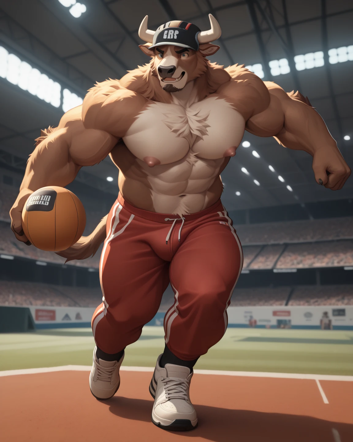 Hyena, By O_reowoof, Big Pecs, Abs, 1boy, baseball, baseball bat, baseball cap, baseball uniform, hat, male focus, pants, shoes, solo, sportswear, stadium