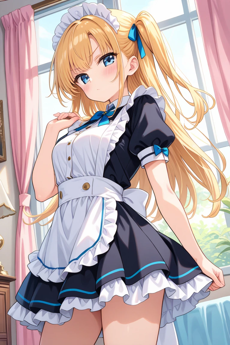 Magical girl around 12 years old、blonde。small breasts、ribbon、apron dress、frills、白いfrillsパンツ、Roll up your skirt、大きなribbon、blue dress、Panmoro、panty shot、