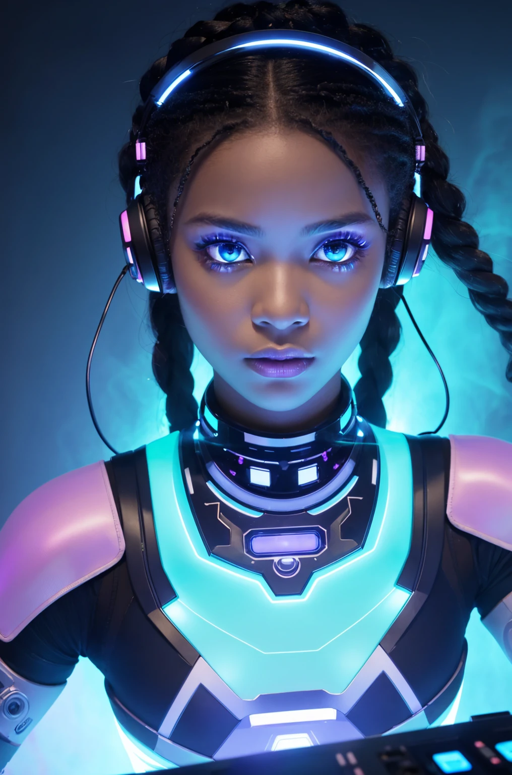 masterpiece, best quality, upper body, close-up of a fantastic looking cyborg girl in a fantastic cyber helmet with dreadlocks neon inserts with glass and metal, in glossy color with elegant details, HDR, ray tracing, rich details of light and shadow, outside, extremely detailed, random camera angle --auto