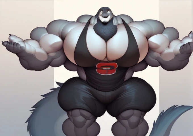 4k, high resolution, best quality, perfect lightning, perfect shadows, solo, anthro, young, boy, wolf, furry body, (fluffy mane:1.2), fluffy tail, male, adult, (bulky, thick muscles, huge muscles, hyper muscles:2.0), (thick biceps, veiny biceps, big broad veiny pecs, broad shoulders:1.1), (thick legs, thick calves:1.1), (digitigrade legs, 4 toes:1.2), (huge bulge:2.0, hyper bulge:2.0), perfect colors, (photorealistic fur, detailed fur, epic, masterpiece), (suggestive posing:1.2), (seductive smile, lustful grin 1.3), detailed modern bar, (black leather jacket, open jacket, tie, black shorts), detailed wolf eyes, by k0suna, by darkgem,nipple ring:2.0
