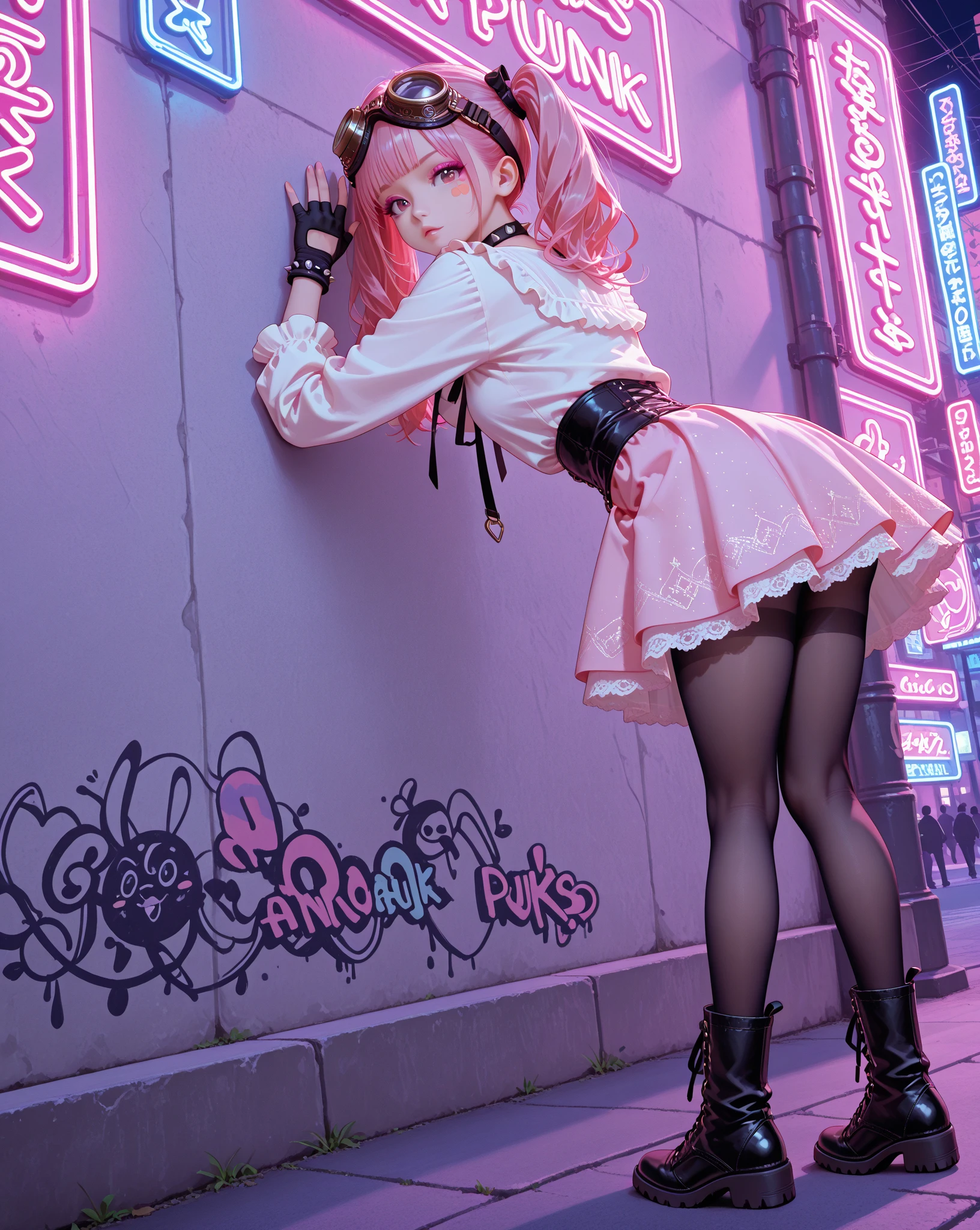 Best quality, girl, black pantyhose, bunny girl costume, high heels, facing the audience, squatting on the ground, long pink hair, shyness, glasses