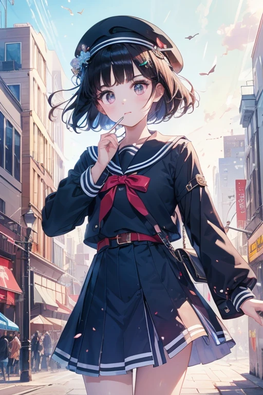 (Top quality, 16K, Masterpiece, Super high resolution, Victorian, Photorealistic: 1.2),1girl,kawaii,cute,face,white long-sleeved sailor uniform, pleated skirt, long skirt, dark blue skirt, red bow on the front, black hair, bob cut, embarrassed