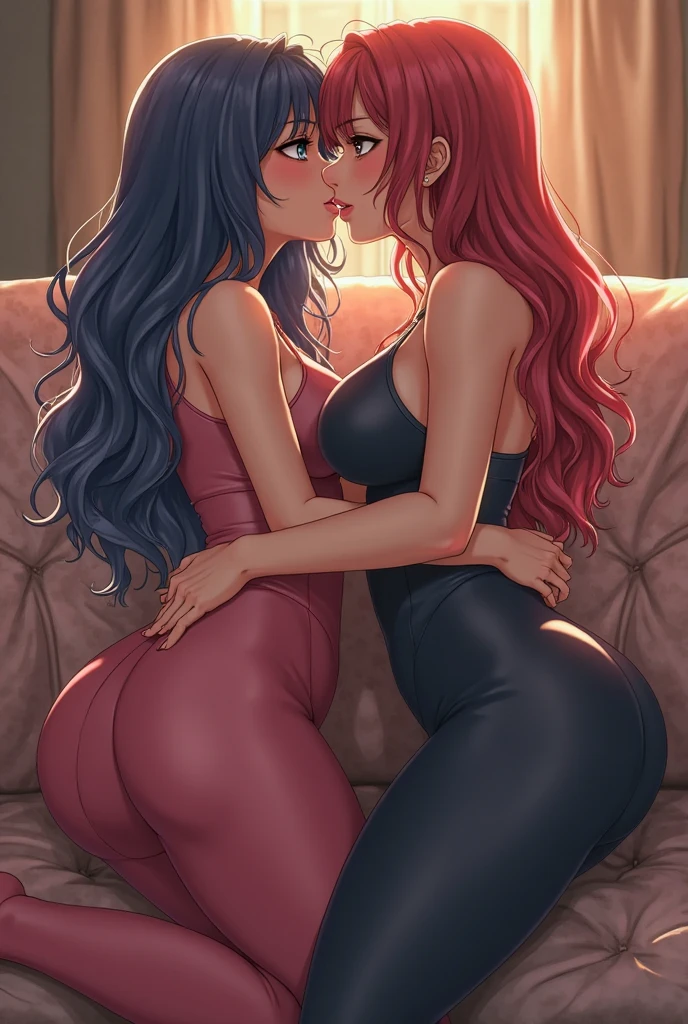 Two so sexy girls close to naked seducing each other with touch. Obe with bright orange hair other with dark purple. Big boobs and ass on there knees one facing the camera on all fours otherbeside her holding her boob and ass
