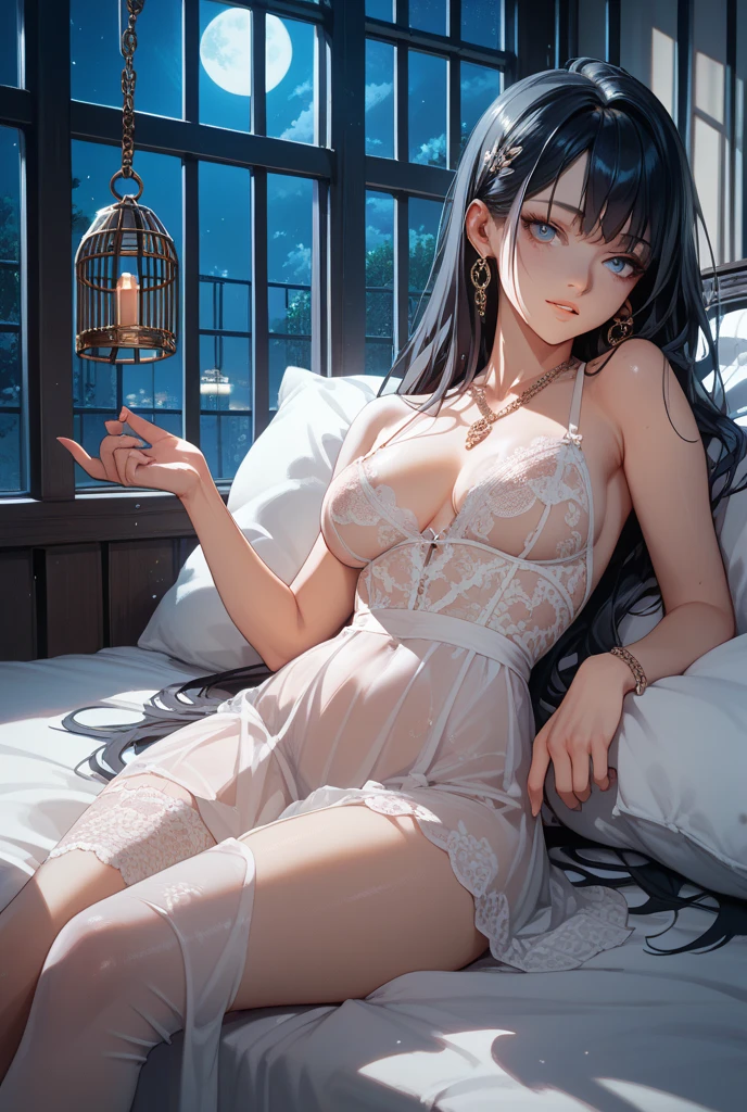 Photorealistic, (masterpiece:1.5), intricate details, highly detailed, photorealistic, octane render, 8k, dynamic pose, best quality, highres, (realistic face:1.1), ((full_body)), perfect eyes,(shiny skin:1.2), (((hairstyle))), (((perfect hands))), (extremely detailed background), 4k, dungeon background, at night, white satin nightdress, laying on bed, bare neck exposed