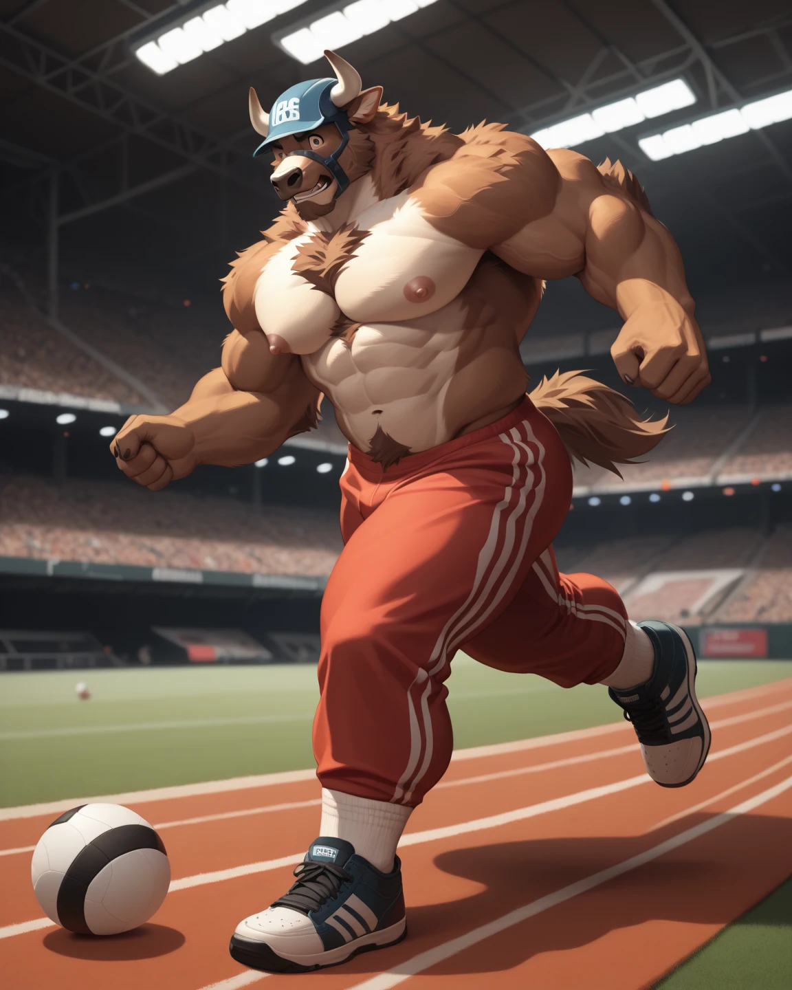Lion, lion tail, muscular, jogging, fluffy, tall, huge, (((big pecs))), handsome, t-shirt, park, smile (((realistic, 8k, ultra details, masterpiece)))