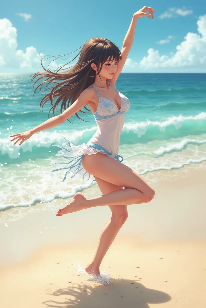 A summer day with blue skies、A beautiful girl in a white bikini is playing happily at the beach。Her black hair is medium long、Swaying lightly on the wind。The sunlight reflects off the surface of the sea、Sparkling splashes of water surround her。
She runs around playing with the waves、sometimes、Jump towards the sea。Every time a splash rises、The light reflects off of it, creating a sparkle that looks like a small rainbow.。The scene is、It's like a painting that captures every moment of summer.。
Her smile shines brighter in the sunlight、Her beauty stands out every time her black hair flutters in the wind。Her movements are light and、It feels so natural and fun, like you're part of the wave.。
Every time the waves wash over my feet、She laughs happily。Her black hair fluttering in the wind、The way it sways in the light、It's as beautiful as a scene from a movie.。Drops of water dripping on my hair、The way it shines in the sunlight、It's like a jewel。
The moment she plays with the waves、I feel as if time has stopped.。The sound of the sea、The sound of the wind、Her laughter mixed in、It plays a beautiful symphony that colors a summer day.。
Like this、If you describe a scene where a beautiful girl with medium-long black hair is playing on the beach wearing a white bikini,、Her hair movement and the sunlight reflections come to life.。