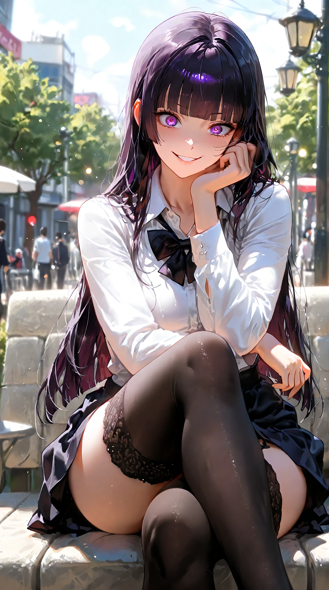 dynamic angle, floating, decoration, painting, depth of field, depth of field, nature, beautiful detailed girl, extremely detailed eyes and face, beautiful detail eyes, detailed light, movie lighting, lens flare, light leakage, sunlight , shine, beautiful details glow, ridiculous, incredibly ridiculous, huge file size, super detailed, high resolution, very detailed, best quality, masterpiece, illustration, an extremely refined and beautiful, very detailed, CG, unity, 8k wallpaper, amazing, Fine details, masterpiece, best quality, official art, very detailed CG unity 8k wallpaper, long shot, volumetric lighting, high saturation, dramatic angle, loli, solo, full body, smile, purple eyes, purple hair, blunt bangs, double tails, curves, school uniform,,, sitting, plaid skirt, pantyhose, sneakers, headband