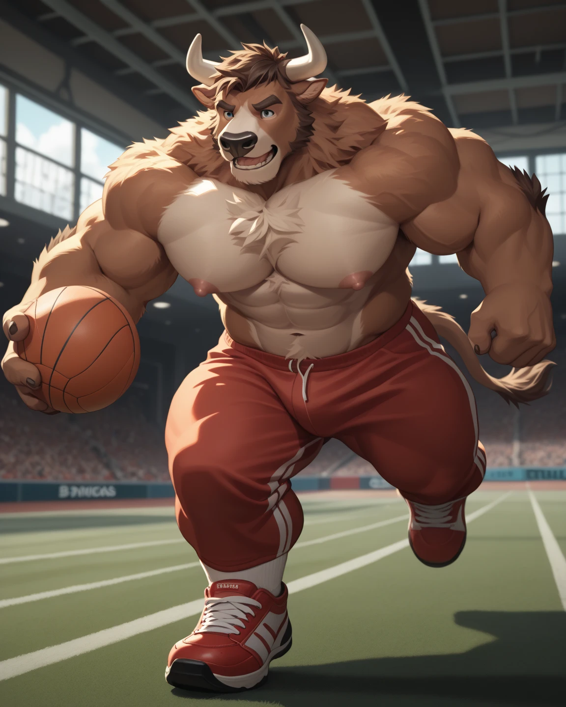 Muscular furry teenage lion, barefoot, big furry foot, beard on the chin, hair on the chest, hair on the abdomen, hair on the elbow, hair on the armpit, hot, large bulging veins, hot male lion face, sitting on the basketball court bench  , shirtless, wearing basketball shorts