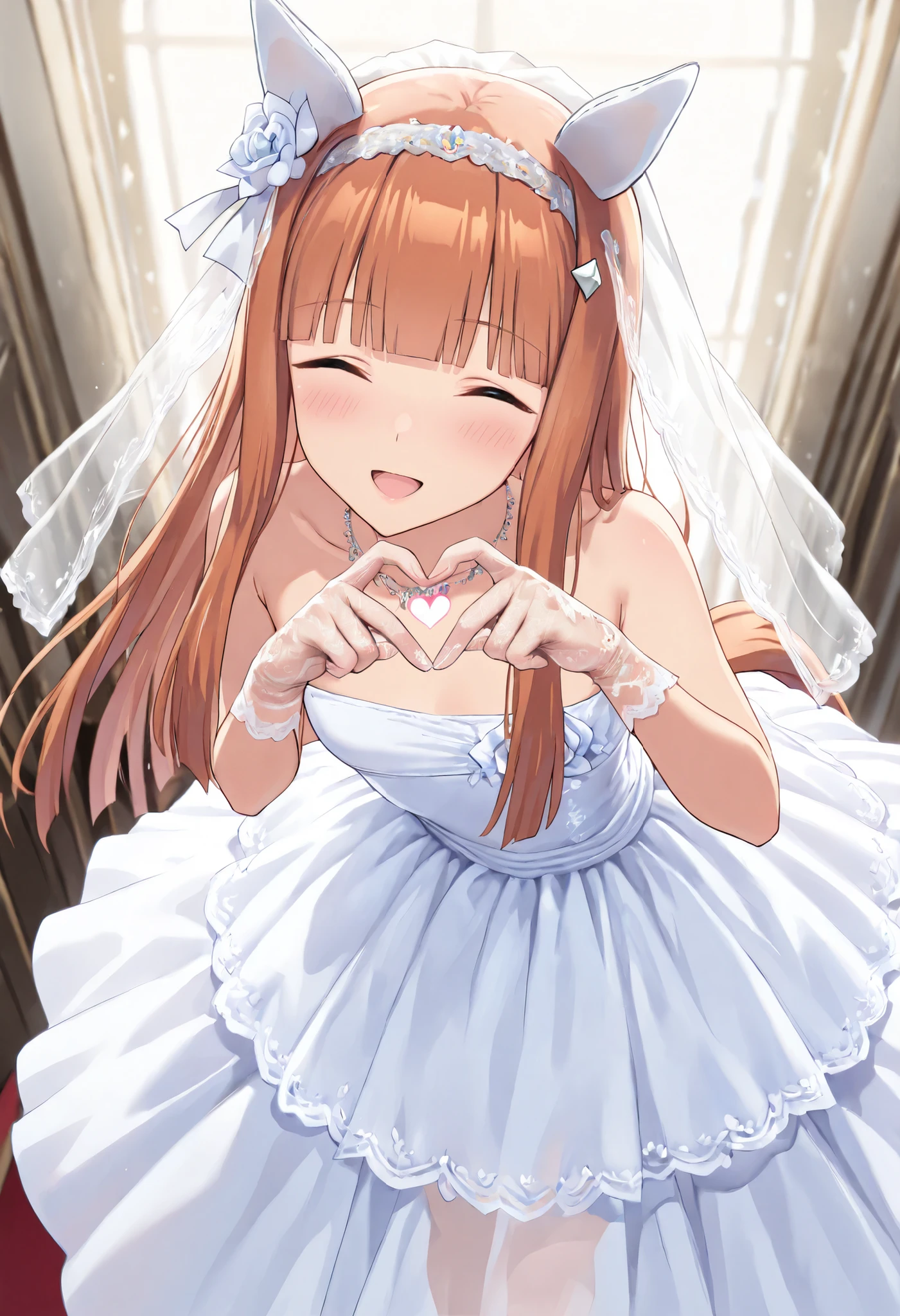 (masterpiece, best quality, perfect face:1.4), wide angle, silence suzuka \(umamusume\), horse ears, ear cover, white headband, small breasts, horse tail, tail on the lower back, proportional body, proportional,1 girl, beautiful hair, beautiful face, beautiful detailed eyes, beautiful clavicle, beautiful body, beautiful chest, beautiful thigh, beautiful legs, beautiful fingers, looking at viewer, BREAK, beautiful bride wearing beautiful wedding dress, (bridal veil:1.5), (Transparent short veil:1.5), (tube top wedding dress:1.5), (Silk dress:1.2), (Strapless wedding dress:1.5), pure white dress, necklace, lipstick, (lace gloves:1.5), long white dress, BREAK, Leaning forward, look up, Tilt your head, (((Heart Hands))), BREAK, blush happy smile (open mouth), one eyed closed, textured skin, realistic skin, HDR, BREAK, good hands,