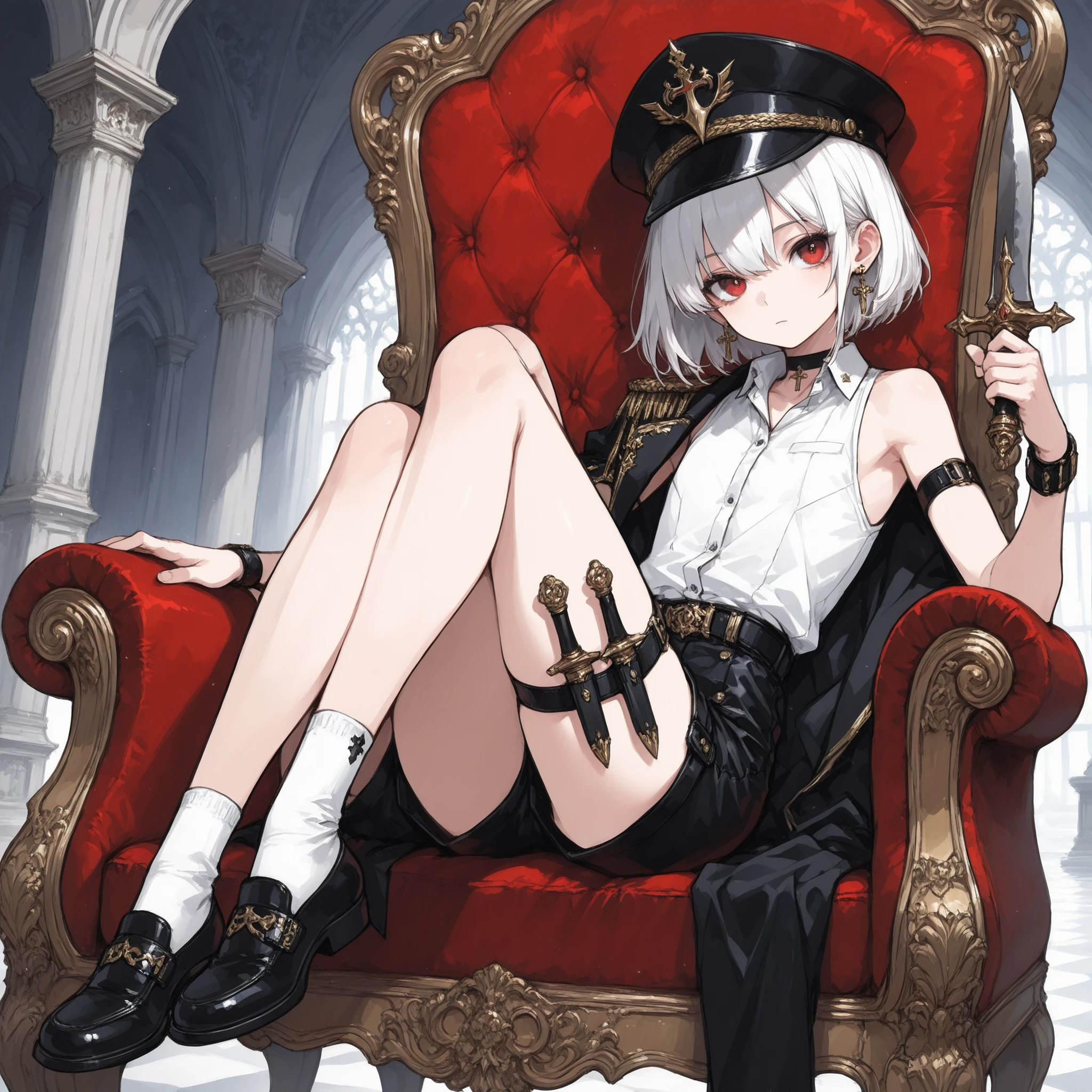((Best quality)), ((masterpieces)), (detailed), perfect face, SOLO, ((femboy)), tomgirl, ANIME, beautiful detailed eyes, BOB hair, BOBed hair, white hair, RED EYES, BARE thighs, (((BARE LEG))), ((BLACK short pants)), (((dress shirt))), ((Flat chest)), Choker, (knife thigh strap), (Black General's Uniform), uniform hat, ((general uniform top)), ((sleeveless)), arm straps, general's uniform top draped over the shoulders, expressionless, tight short black shorts, ((Holding dagger)), earring, Royal palace, GREAT HALL, red throne, cross legs, Black shoes and white socks