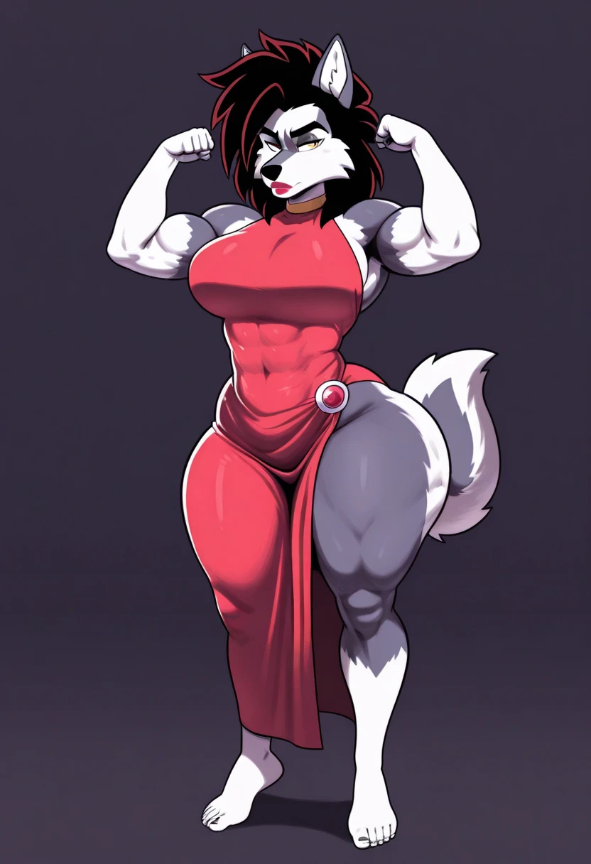Chubby_muscular_timberwolf female gray_furry_body yellow_eyes very_fluffy animal_hide_bra animal_hide_loincloth solo Masterpiece best_quality absurdres highly_detailed cleanly_drawn_eyes anthro_only smug_grin large_breasts flexing_muscles by_claweddrip, by_greasymojo, by_underscore-b, by_runawaystride