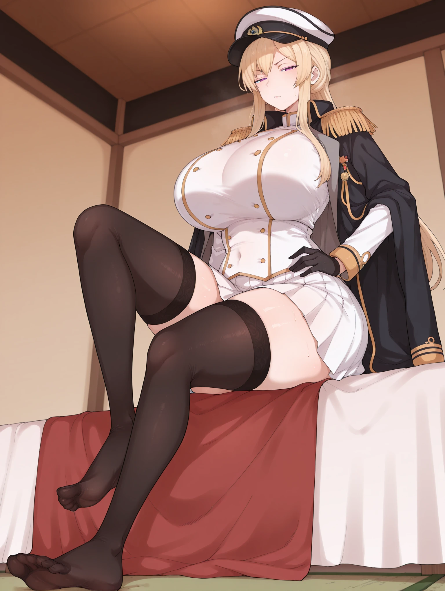 A woman,White eyes,Long blond hair,Put on a military cap,Wearing a black bikini,Long legs,Nipple protrusion,Twenties,exposed,Black high heels,Huge breasts,超级Huge breasts,Standing