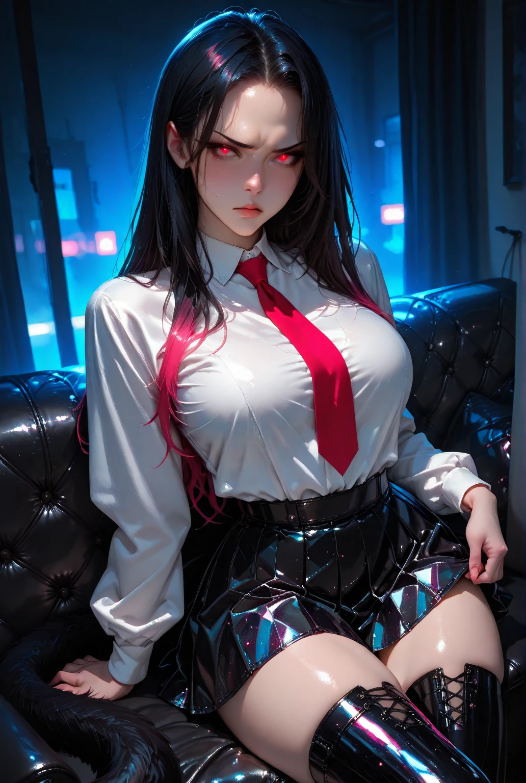 anime girls,((Exterior black interior red two-tone hair))(White long-sleeved shirt,White pantyhose,A girl with),4K,Blue eyes,large full breasts,bed,garterbelt,Hand position crotch,