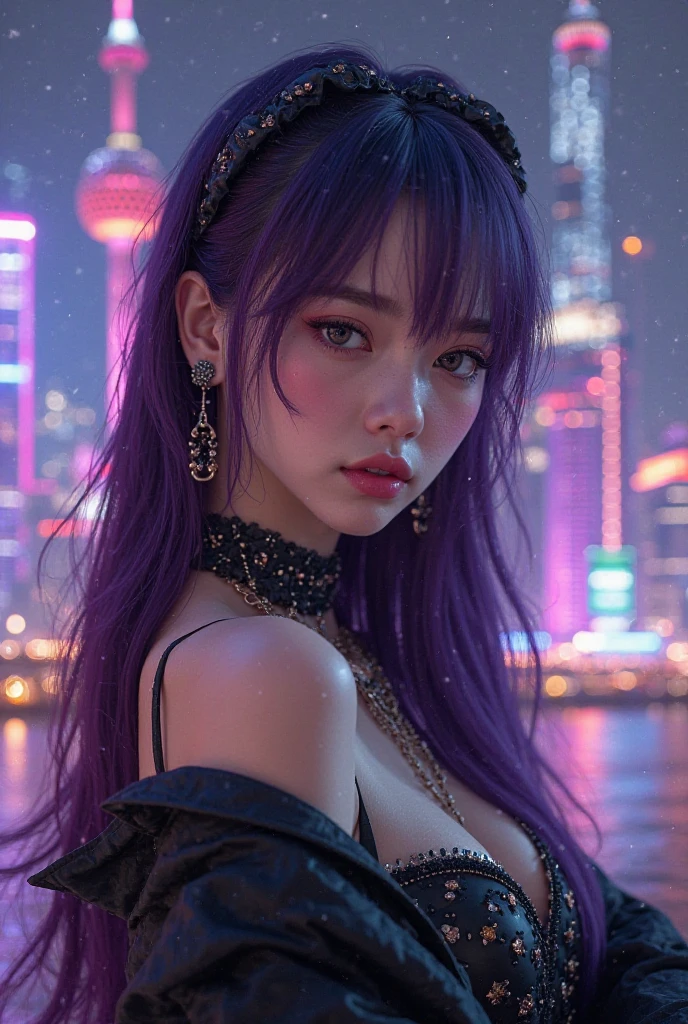 Woman with purple hair and glasses posing on bench, an oppai cyberpunk, at cyberpunk city, seductive anime girls, Guviz-style artwork, female cyberpunk anime girl, cyberpunk anime girl, digitl cyberpunk - anime art, Anime girl cosplay, trending on cgstation, hyper realistic anime, Anime girl in real life, Ross Tran 8 K