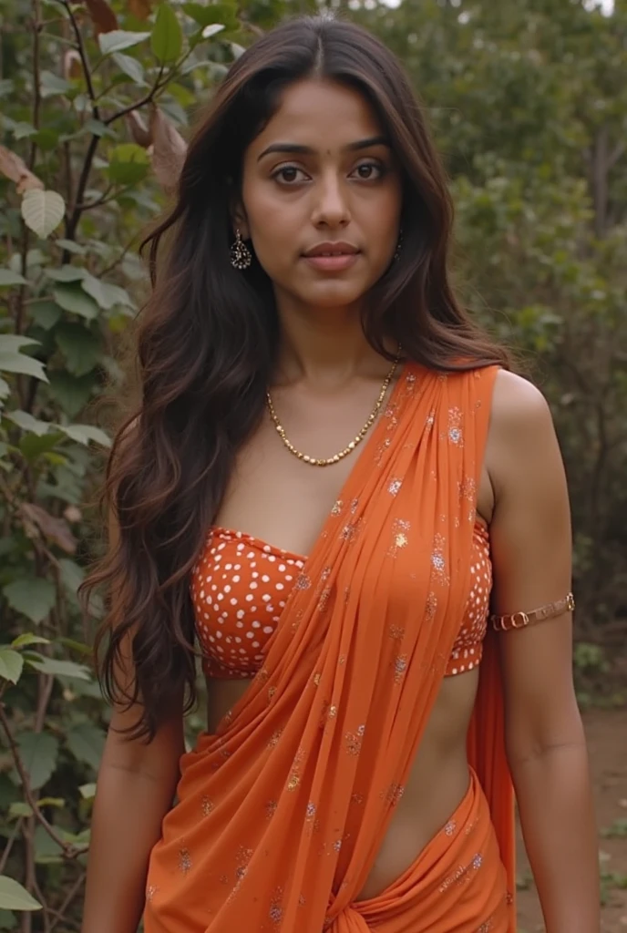 29 year old indian busty girl  higly sweating  and wanders in the forest with her bare body wrapped in a Yellow Transparent saree 