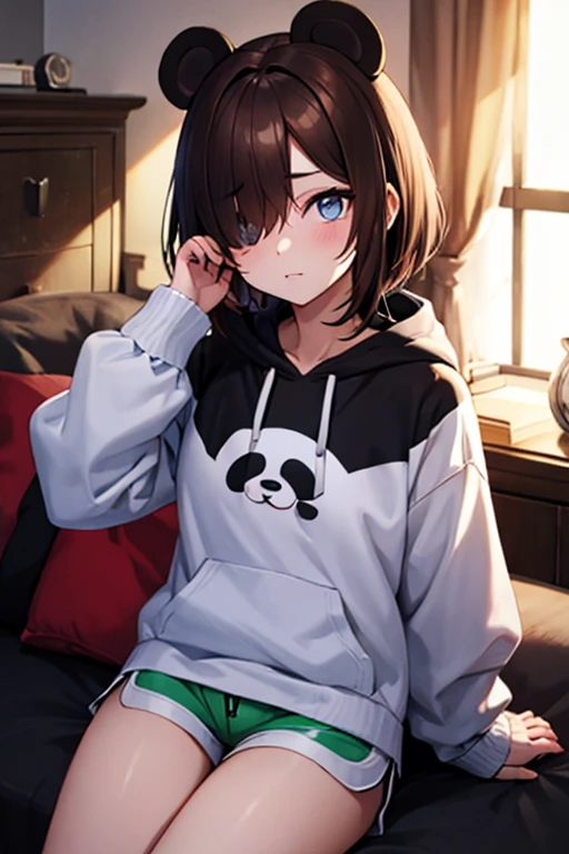 ((Masterpiece)), (Anime:1.3), ((best quality)), (RAW photo:1.2), (High Definition:1.3), (Professional Photography:1.2), (12 years old), (beautiful detailed eyes), (good hands), (live action, intricate detail), (8k, polished image), Black hair, black eyes, beautiful woman, Japanese style, onesie, animal hood, animal print pajamas, in the shape of a cat on the bed, sitting in a dark swedish-style room, upturned eyes, (underbreast:1.3) crop top t-shirt