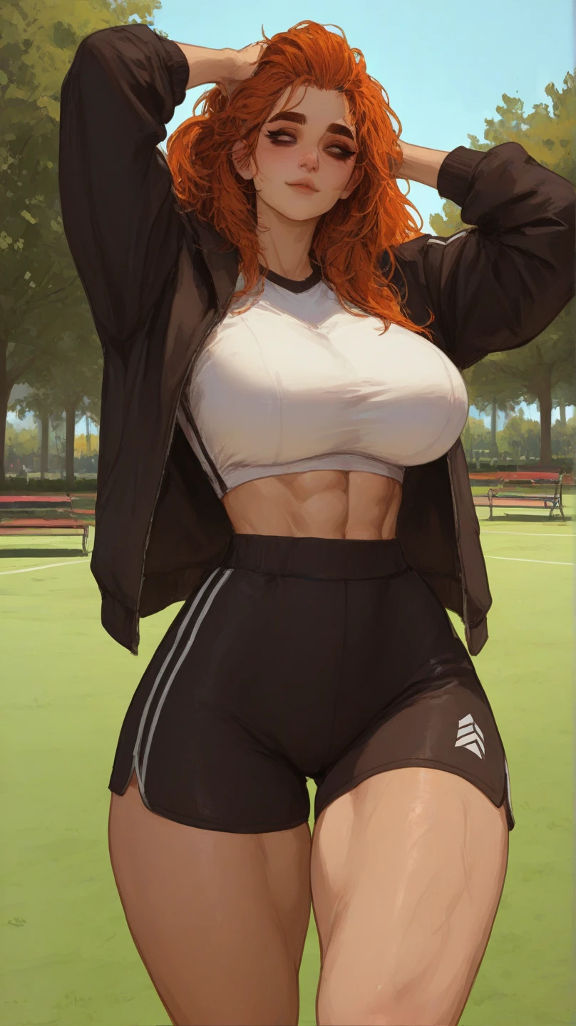 ((bimbo)), 1girl, ((sports bra, sports shorts)), wide hips, cleavage, huge breasts, outdoors, park, red hair, short hair, curly hair, perfect face, perfect eyes, green eyes, perfect skin, thick thighs, looking at viewer, seductive face, cowboy shot, navel, bare midriff, curvy
