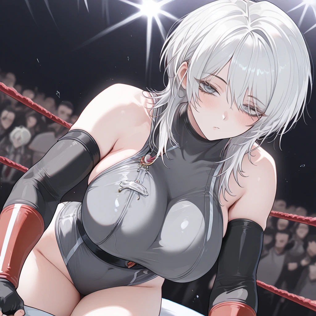(((masterpiece))),(((best quality))),(ultra-detailed,high resolution:1.2),(illustration),((an extremely delicate and beautiful)),(detailed background), ((((hug from behind)))), from behind, standing sex(((motion lines)))), vulgarity, clothed, (((wrestling ring))), ((1girl)and(1muscular shota , hetero, (1girl,tall stature),((((Bronya Rand/(Honkai:star rail/)))),official alternate costume, (slender body:1.4), (long hair,drill hair),grey hair,hair between eyes, grey eyes, (large breasts), pn,shiny skin, (rolling eyes:1.4),(ahegao),(trembling), ((She wears dress,white dress, black silk stokings,leggings,black footwear, thigh boots, elbow gloves,black gloves, long sleeves, sleeveless, jewelry,earrings)), (cum in pussy:1.4), on clocum on brea,excessive cum,othing clothed, ((((1muscr boy,short stature)))),((((xiao/(genshin impact/)))),hair,large penis,dark-skinned muscular boy,interracia