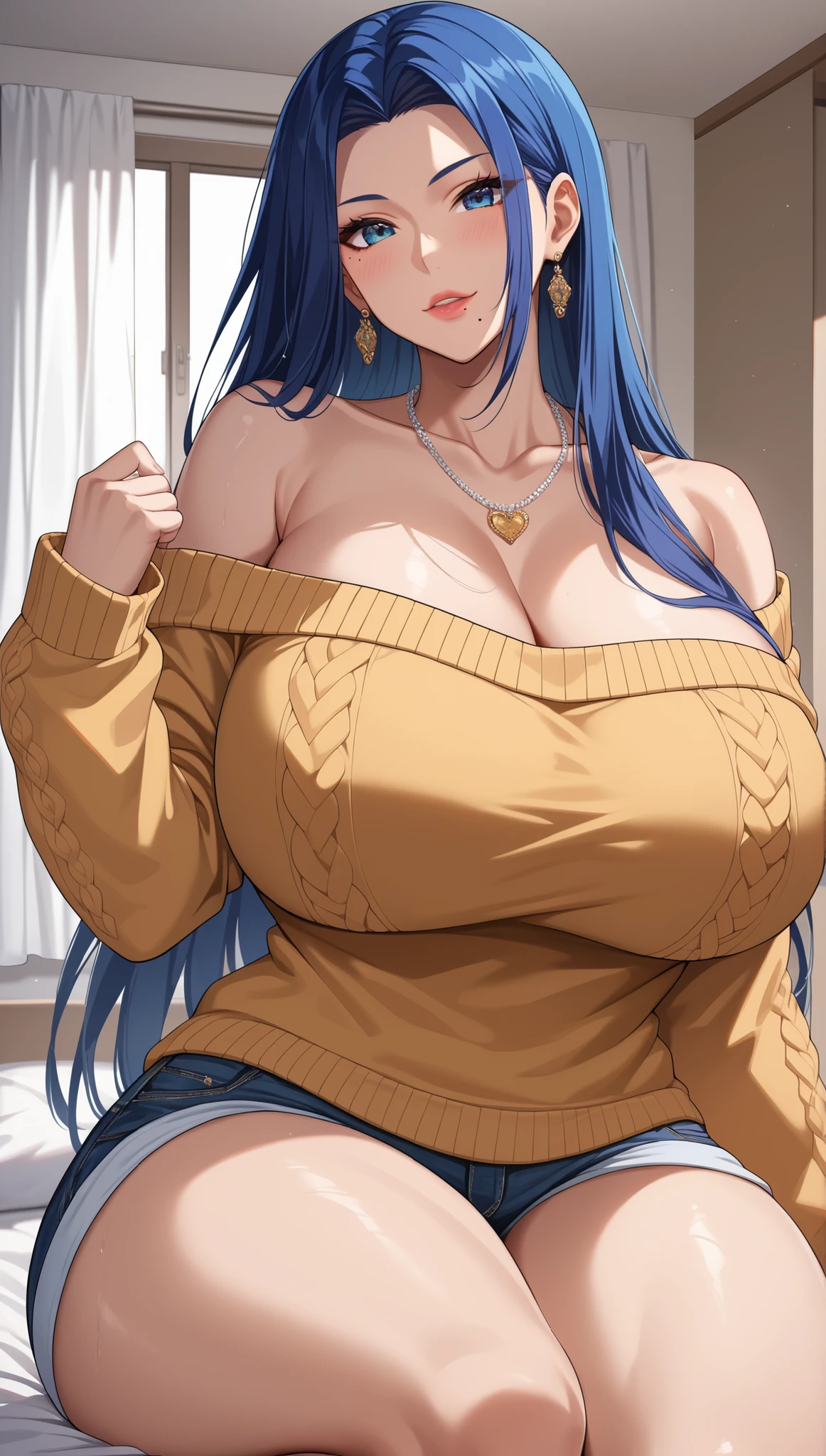 Anime girl, blue eyes, long green hair, muy voluptuosa, teen, big breast, shy smile, wallpaper, cute High waist denim shorts, long sleeve blouse, strap, breasts bounce,sitting on the sofa sitting in a shy pose , house