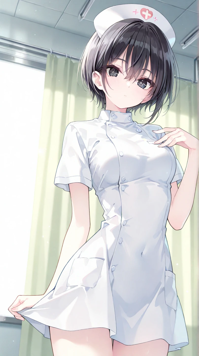 ((Pixie cut beautiful black hair,beautiful eyes)),Nurse costume,white pantyhose,sandal,cap,(low angle,from below),(solo),((masterpiece, highest resolution,best quality)), (beautiful illustration), (looking at the viewer), innocent smile,cinematic lighting,beautiful hospital room,bed,window,garden,flowers,trees,blue sky