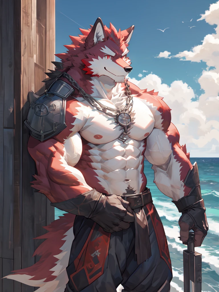 Best quality, diederich olsen (/knights college/), wolf, kemono, nj5furry, Red Fur, Red eyes, Medium Muscular Body, Solo, A sailor, on the ship, Climb high to see far, ocean waves, Hands for looking out, topless, white socks, smile, Fierce eyes, detailed eyes, full body,