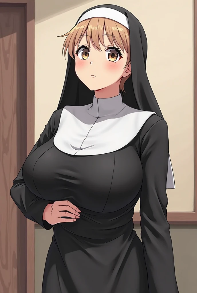 ariana grande in closet, pews in background, wearing nun habit, sexy nun outfit, big breasts, (big breasts:1.2), cleavage, holding prayer beads,
